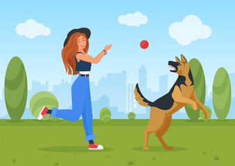 Happy girl playing with dog pet vector illustration. Cartoon young woman character in jeans and hat and shepherd doggy friend jump and play ball in summer green landscape of city park background