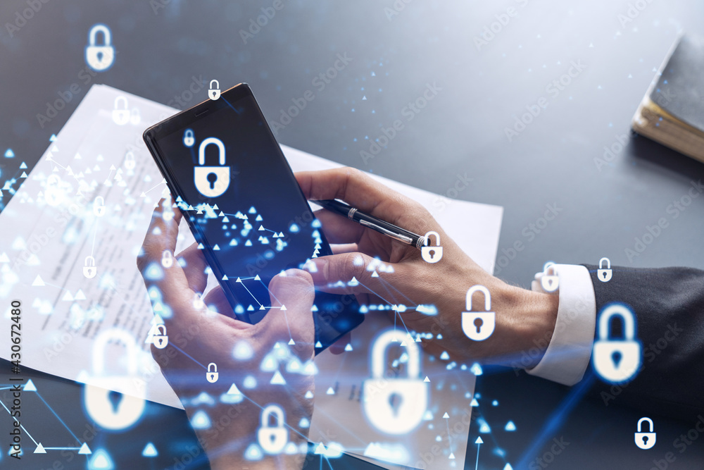 Poster a businessman in formal wear reading the contract to prevent probability of risks in cyber security 