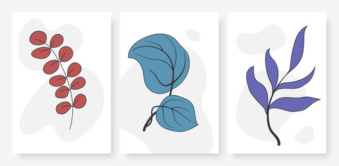 Minimal wall art, abstract summer plant leaf vector illustration set. Trendy single line drawing leaves and shapes wallpaper design, creative minimalist wall decoration, social media post template