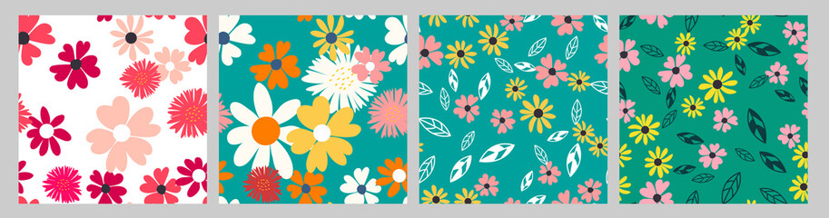 Fototapeta na wymiar Seamless Pattern Background with Simple Flower Design Elements set. Vector Illustration