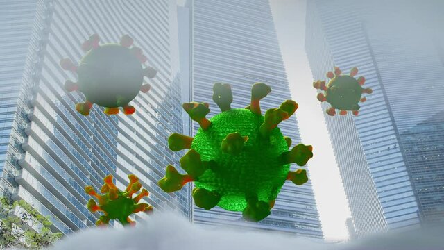 virus particles on the background of the city render 3d