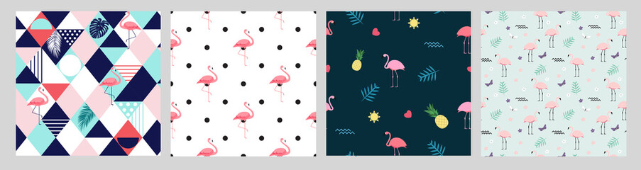 Pink Flamingo Seamless Pattern Background summer collection set. Vector Illustration