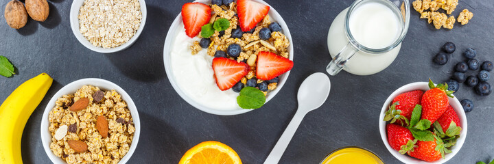 Strawberry yogurt fruit breakfast spoon bowl pot healthy eating yoghurt food slate banner