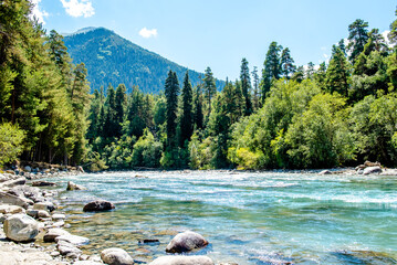 Mountain river in the endless mountains of the North Caucasus. A bright sunny day. Blue sky....