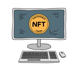 Desktopcomputer displaying NFT non-fungible token in hand drawn doodle sketch style. Colour filled.