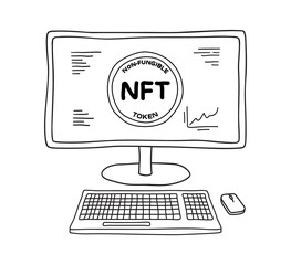 Desktopcomputer displaying NFT non-fungible token in hand drawn doodle sketch style. Unfilled outline only.