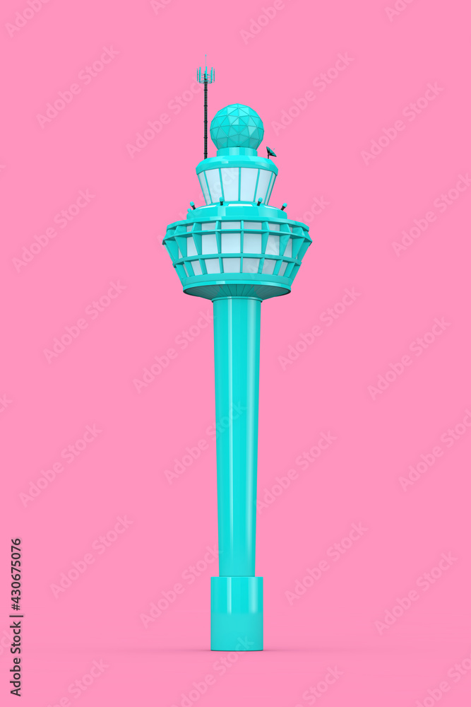 Poster blue airport air traffic control tower building in duotone style. 3d rendering