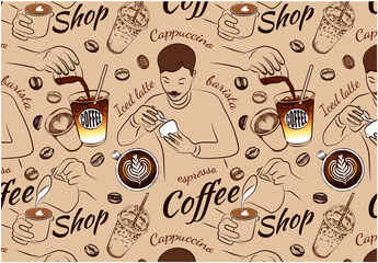 Line art pattern coffee shop, Sketch drawing drinks, cup of cappuccino, outline mug, latte art, engraving espresso, hand drawn iced tea, coffee beans, barista, menu, cafe wallpaper.Vector illustration - 430675083
