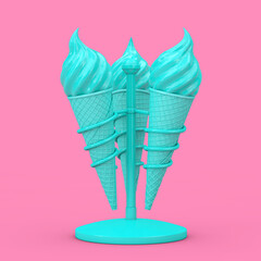 Blue Soft Serve Ice Cream in Waffle Crispy Ice Cream Cones in Holders as Duotone Style. 3d Rendering