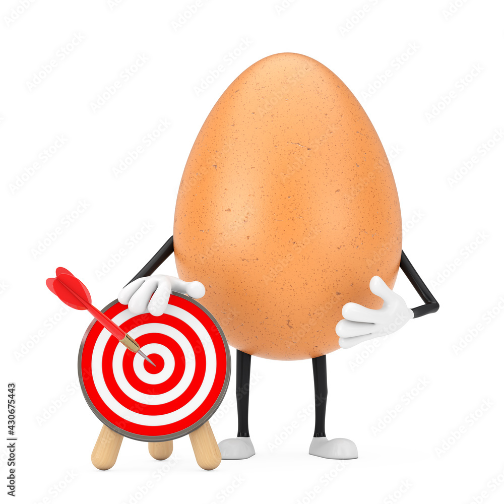 Poster brown chicken egg person character mascot with archery target and dart in center. 3d rendering