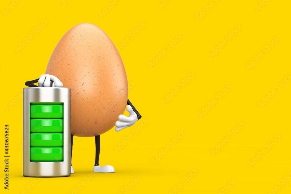 Aufkleber brown chicken egg person character mascot with abstract charging battery. 3d rendering