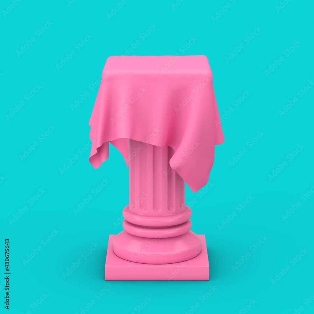 Poster pink presentation column pedestal with silk cloth in duotone style. 3d rendering