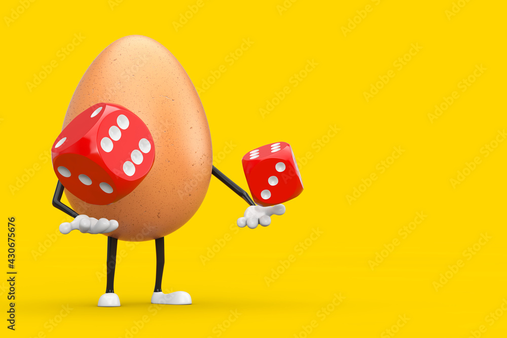 Leinwandbilder brown chicken egg person character mascot with red game dice cubes in flight. 3d rendering