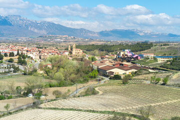 elciego, Spain. 14 th march, 2021: panoramic views of elciego town with famous winery at background
