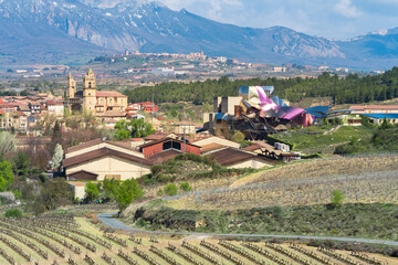 elciego, Spain. 14 th march, 2021: panoramic views of elciego town with famous winery at background