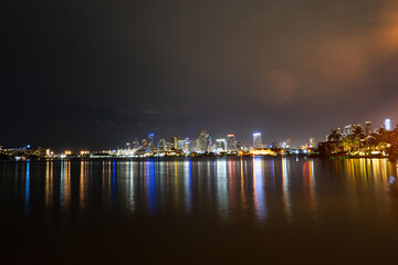 Fototapeta premium Panoramic view of Miami at sunset, night downtown. Miami night downtown, city Florida.
