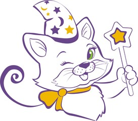 The cat is a wizard in a cap with a magic wand in his paw. Vector illustration.