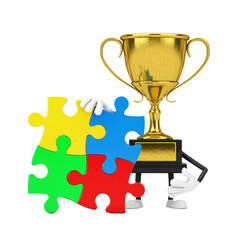 Golden Award Winner Trophy Character Mascot Person with Four Pieces of Colorful Jigsaw Puzzle. 3d Rendering