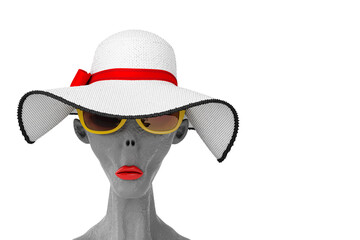 Portrait of a Gray Alien in Yellow Summer Sunglasses and Pretty Beautiful White Summer Sun Hat with Red Ribbon and Bow. 3d Rendering