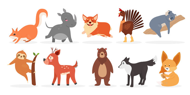 Cute Wild Furry Animal, Farm Bird And Pet Vector Illustration Set. Cartoon Rhino Squirrel Corgi Dog Rooster Deer Bear Fox Wolf Sloth Koala, Baby Funny Animal Character Collection Isolated On White