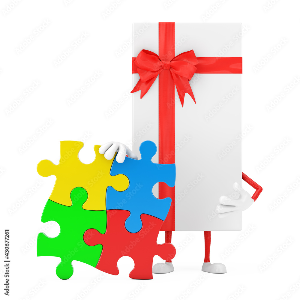 Aufkleber White Gift Box and Red Ribbon Character Mascot Person with Four Pieces of Colorful Jigsaw Puzzle. 3d Rendering