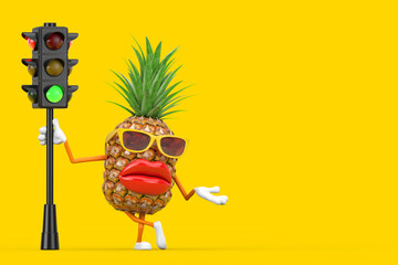 Fun Cartoon Fashion Hipster Cut Pineapple Person Character Mascot with Traffic Green Light. 3d Rendering