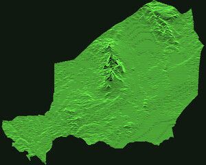 Topographic military radar tactical map of the Republic of Niger with emerald green contour lines on dark green background