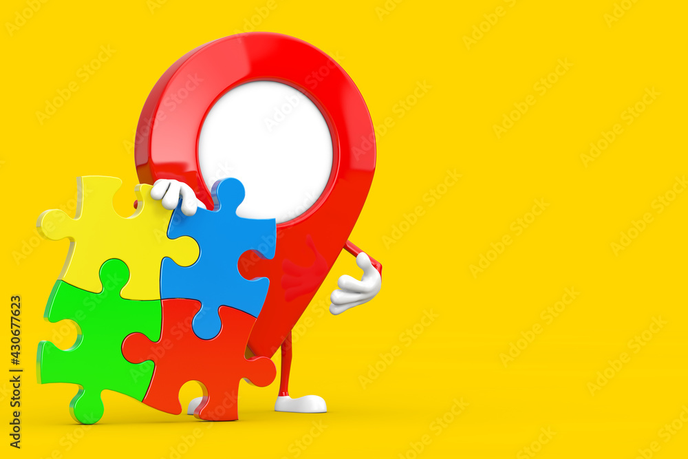 Poster red map pointer target pin person character mascot with four pieces of colorful jigsaw puzzle. 3d re