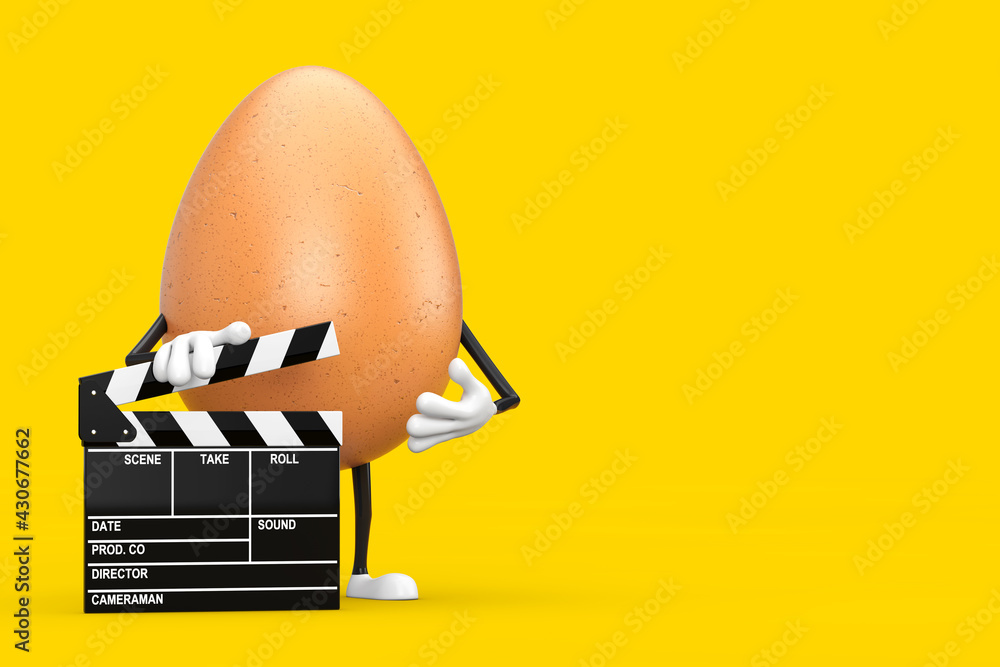 Poster brown chicken egg person character mascot with movie clapper board. 3d rendering