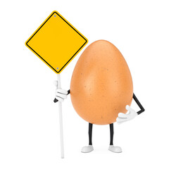  Brown Chicken Egg Person Character Mascot with Yellow Road Sign and Free Space for Yours Design. 3d Rendering