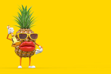 Fun Cartoon Fashion Hipster Cut Pineapple Person Character Mascot with Vintage Golden School Bell. 3d Rendering