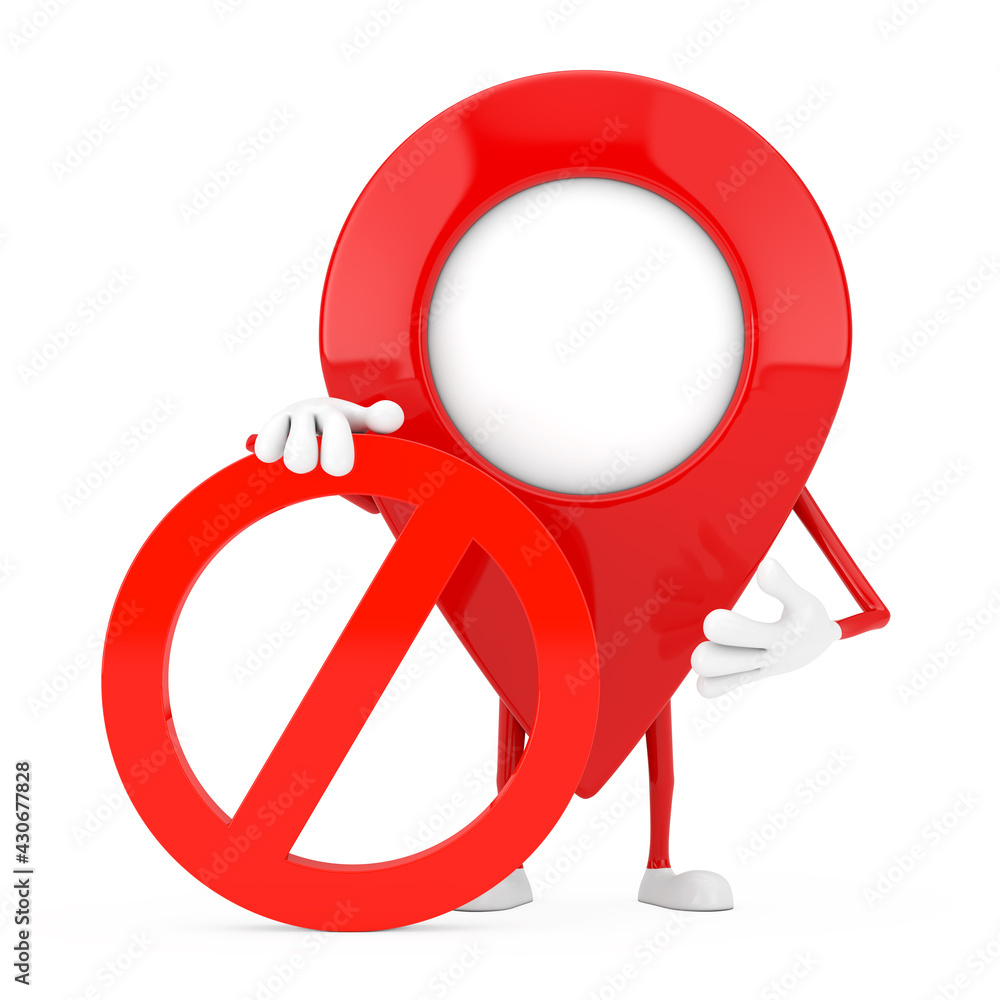 Fototapete map pointer pin person character mascot with red prohibition or forbidden sign. 3d rendering