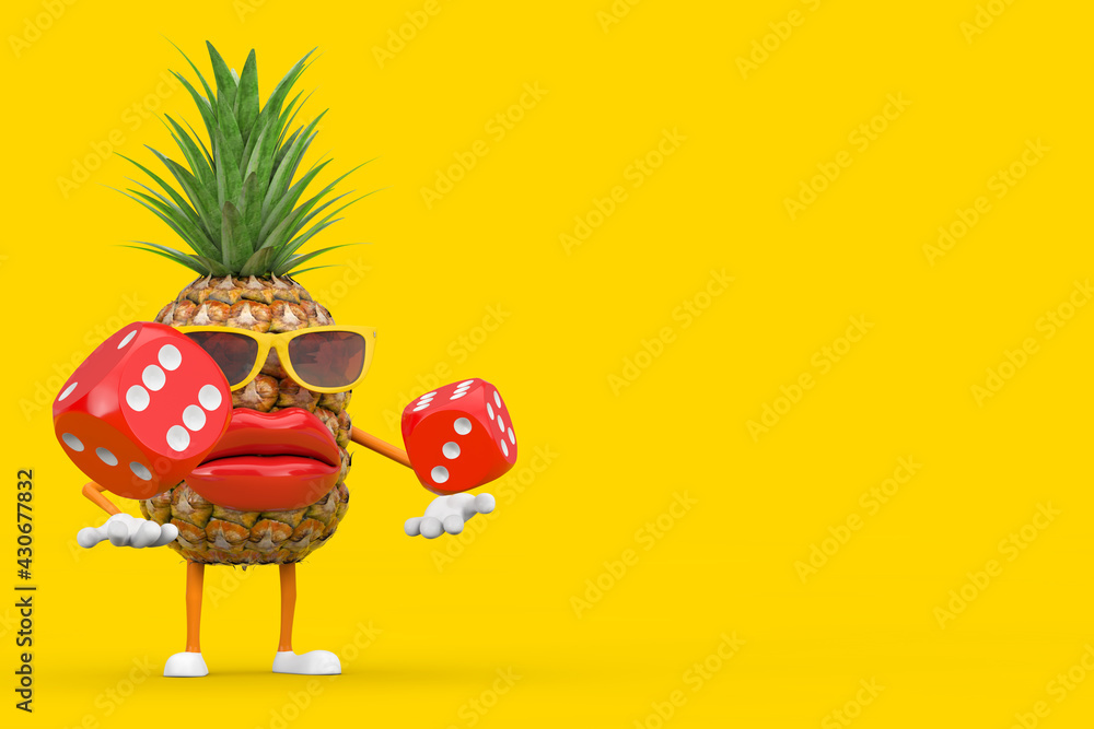 Poster fun cartoon fashion hipster cut pineapple person character mascot with red game dice cubes in flight
