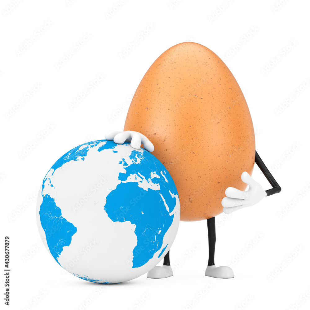 Aufkleber brown chicken egg person character mascot with earth globe. 3d rendering