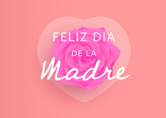 FELIZ DIA DE LA MADRE, une rose violette posée sur une coeur sur un fond rose orangé