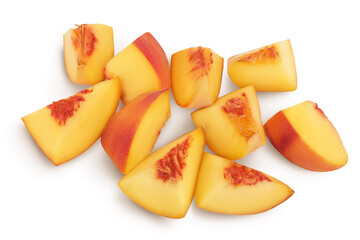ripe peach pieces isolated on white background with clipping path. Top view. Flat lay