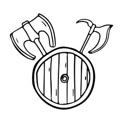 Crossed axes with wooden shield in doodle style isolated.