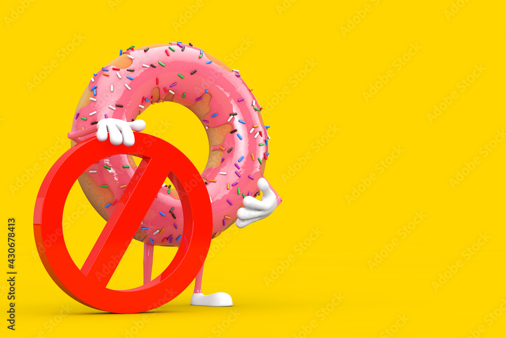 Aufkleber big strawberry pink glazed donut person character mascot with red prohibition or forbidden sign. 3d 