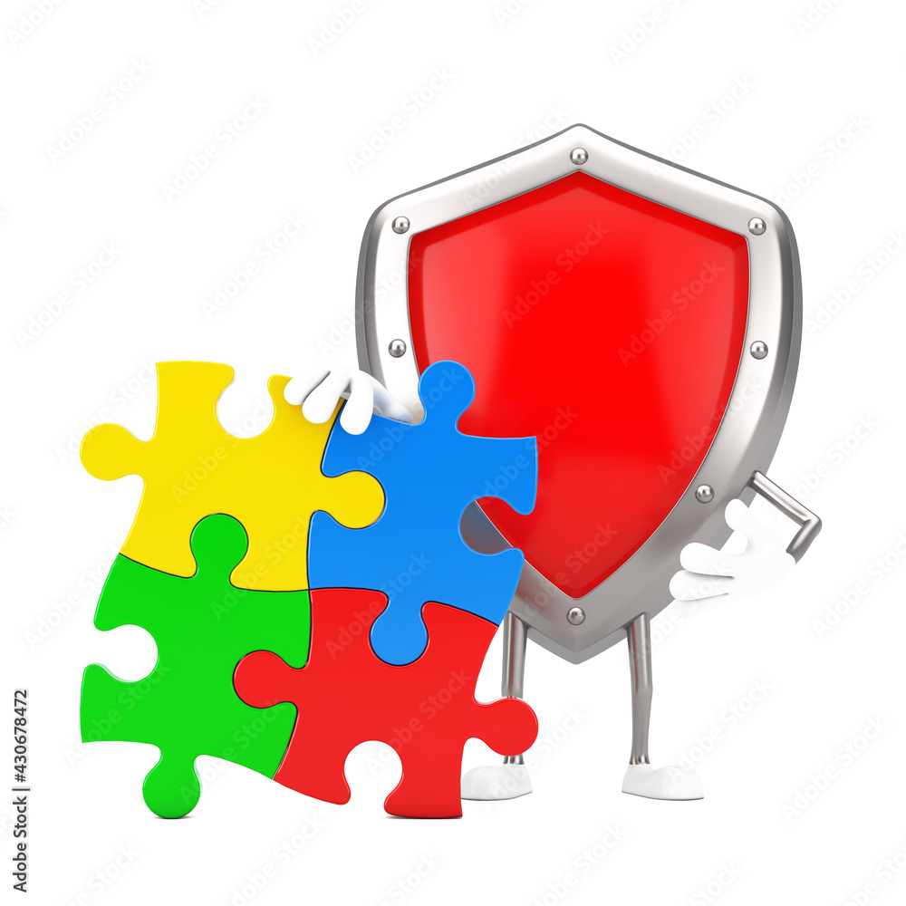 Poster red metal protection shield person character mascot with four pieces of colorful jigsaw puzzle. 3d r