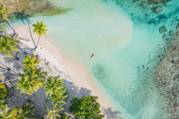 Beach travel vacation top down drone photo of luxury tropical paradise beach with elegant woman swimming in perfect turquoise water in coral reef lagoon ocean by beach. Palm trees on atoll - obrazy, fototapety, plakaty