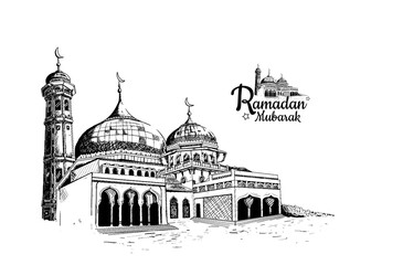 Ramadan Mubarak with mosque illustration hand drawn isolated on white background
