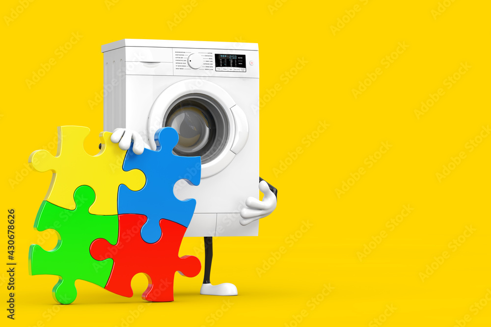 Aufkleber Modern White Washing Machine with Four Pieces of Colorful Jigsaw Puzzle. 3d Rendering