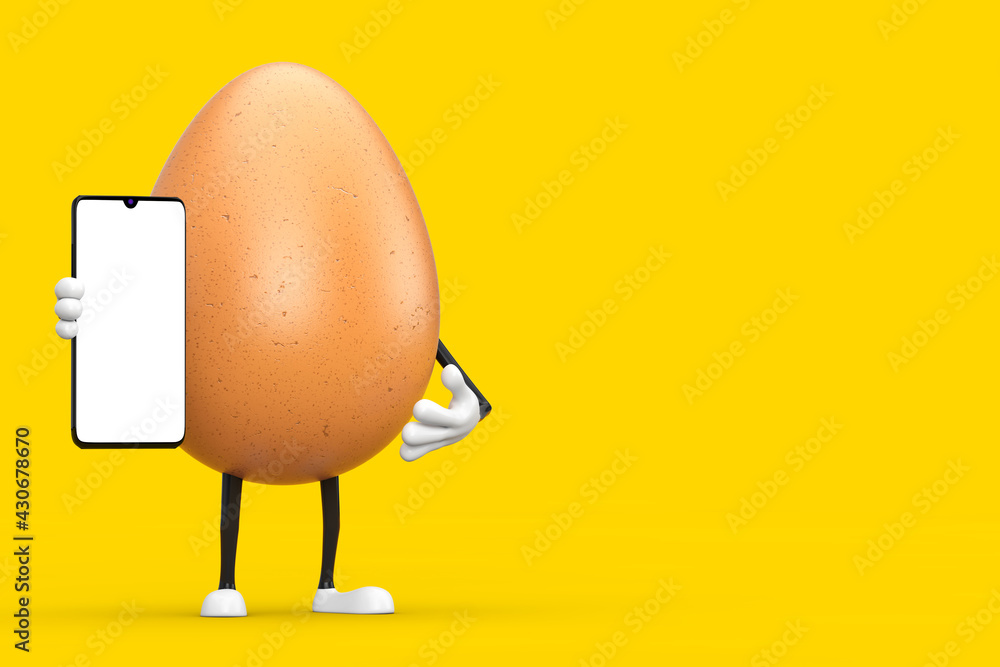 Poster brown chicken egg person character mascot and modern mobile phone with blank screen for your design.
