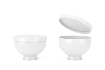 Asian Wooden White Food Bowl with Lid in Clay Style. 3d Rendering