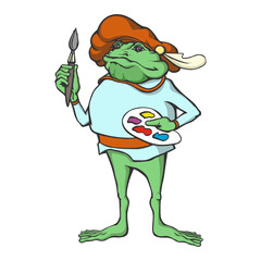 Image of an artist's frog toad in a cartoon style. Dressed in a hat and shirt. Holds a brush and palette. On white background.