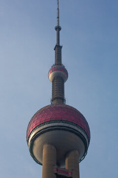 Pearl Tower in Shanghai with a blue sky in the background. Famous attraction in Shanghain China.