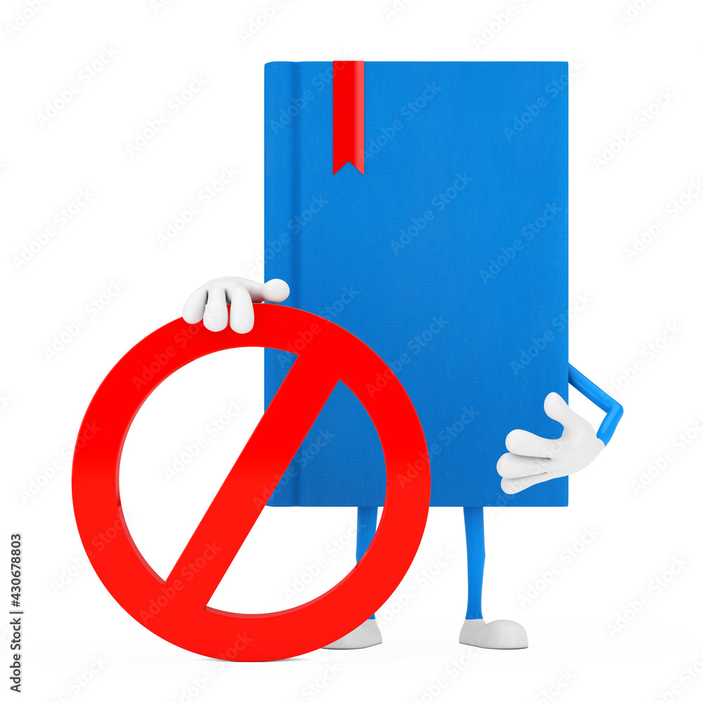 Poster blue book person character mascot with red prohibition or forbidden sign. 3d rendering