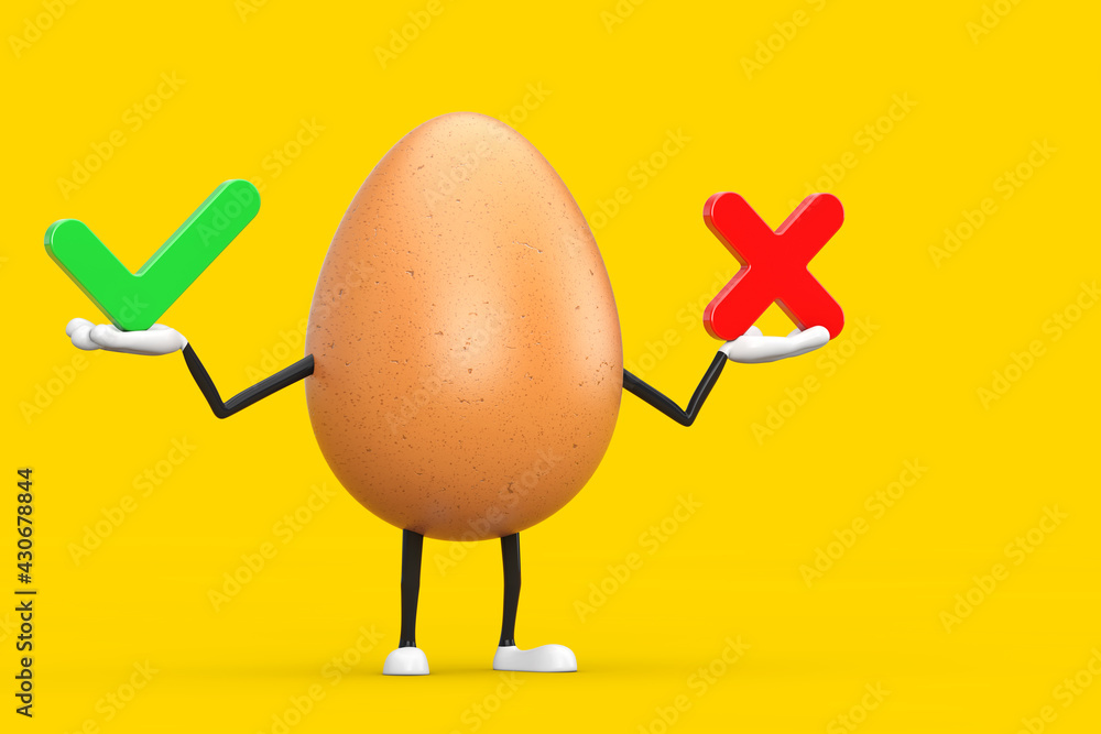 Poster  Brown Chicken Egg Person Character Mascot with Red Cross and Green Check Mark, Confirm or Deny, Yes or No Icon Sign. 3d Rendering
