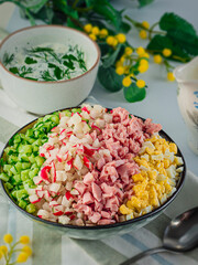 vegetable, meat and egg spring soup with cream and green