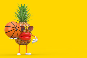 Fun Cartoon Fashion Hipster Cut Pineapple Person Character Mascot with Basketball Ball. 3d Rendering